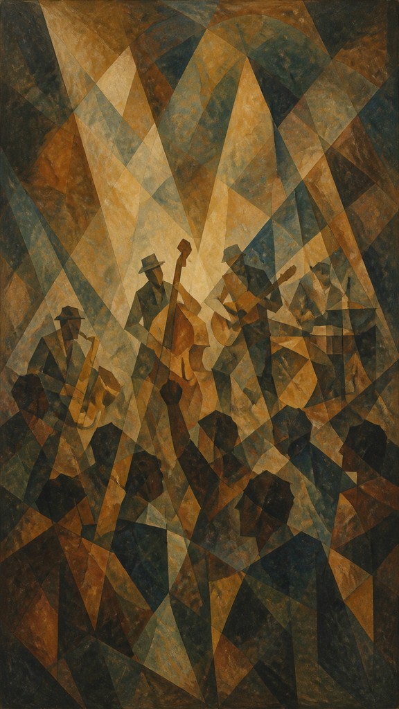 a live music scene with a glowing stage and silhouetted crowd, energetic vertical composition with open space at the top, no text