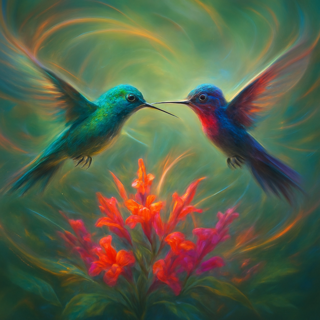A breathtaking and dynamic close-up scene depicting two iridescent hummingbirds engaged in a vigorous mid-air duel over a cluster of vibrant, nectar-rich flowers. Their tiny wings are blurred into translucent arcs of motion, a testament to their incredible speed and agility, creating a frantic, energetic atmosphere.
One hummingbird, perhaps a brilliant emerald green, lunges forward, while the other, possibly a fiery ruby red or shimmering blue, hovers defensively, their long beaks pointed towards each other in a fierce territorial display. Their tiny, intense eyes are sharply focused on their opponent.
They are positioned directly above or fiercely guarding a cluster of brightly colored, inviting flowers, such as trumpet vines, fuchsias, or salvia, which are depicted with exquisite detail and rich, saturated hues, dripping with nectar. The background is a soft, dreamlike blur of lush green foliage and dappled sunlight, keeping the focus entirely on the intense aerial ballet. The lighting is bright and dramatic, catching the metallic sheen of their feathers and emphasizing their jewel-like colors. The overall mood is one of intense energy, fierce beauty, and natural competition dynamic illustration.dynamic illustration, vibrant fantasy art, exaggerated motion lines, glowing effects on iridescence, stylized flowers, energetic and fluid composition