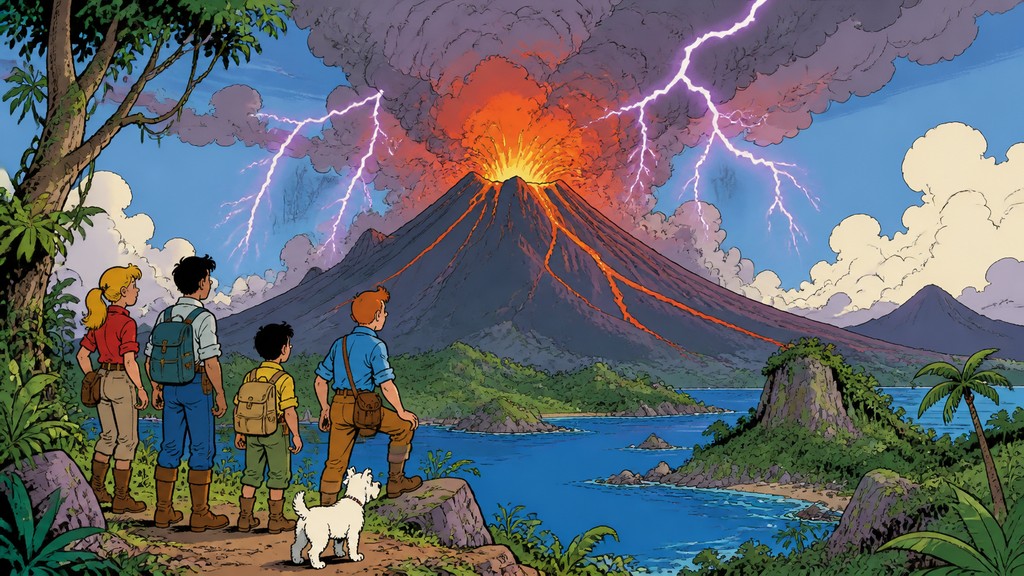 an erupting volcano with lightning strikes, dramatic wide composition, no text