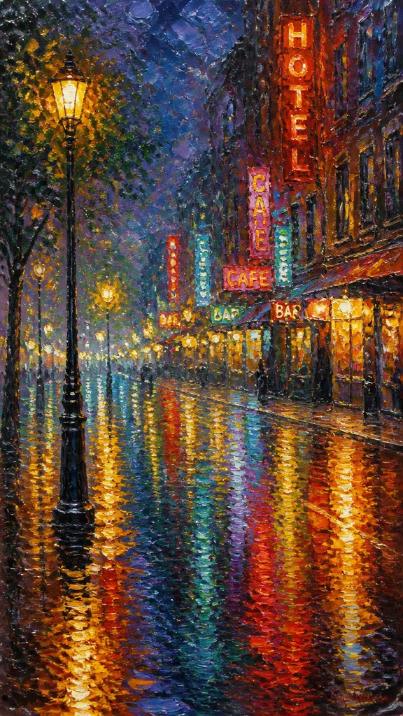 a quiet rainy city street at night reflecting neon signs, no people