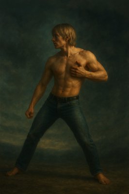 a man with no shirt is posing for a picture