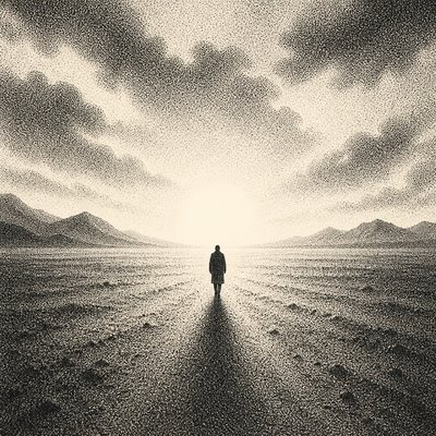 a solitary figure walking toward a glowing horizon across an empty plain, moody atmosphere, no text or lettering