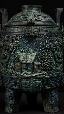 a snow-covered cottage with warm glowing windows beside a decorated pine tree, gentle snowfall, no text