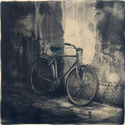 bicyle resting against a wall — Monotype Print Style