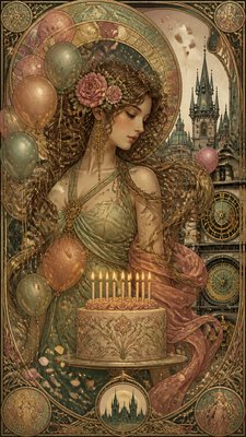 a birthday cake with lit candles surrounded by balloons and confetti, festive vertical composition, no text