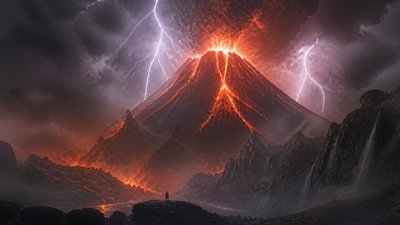 an erupting volcano with lightning strikes, dramatic wide composition, no text