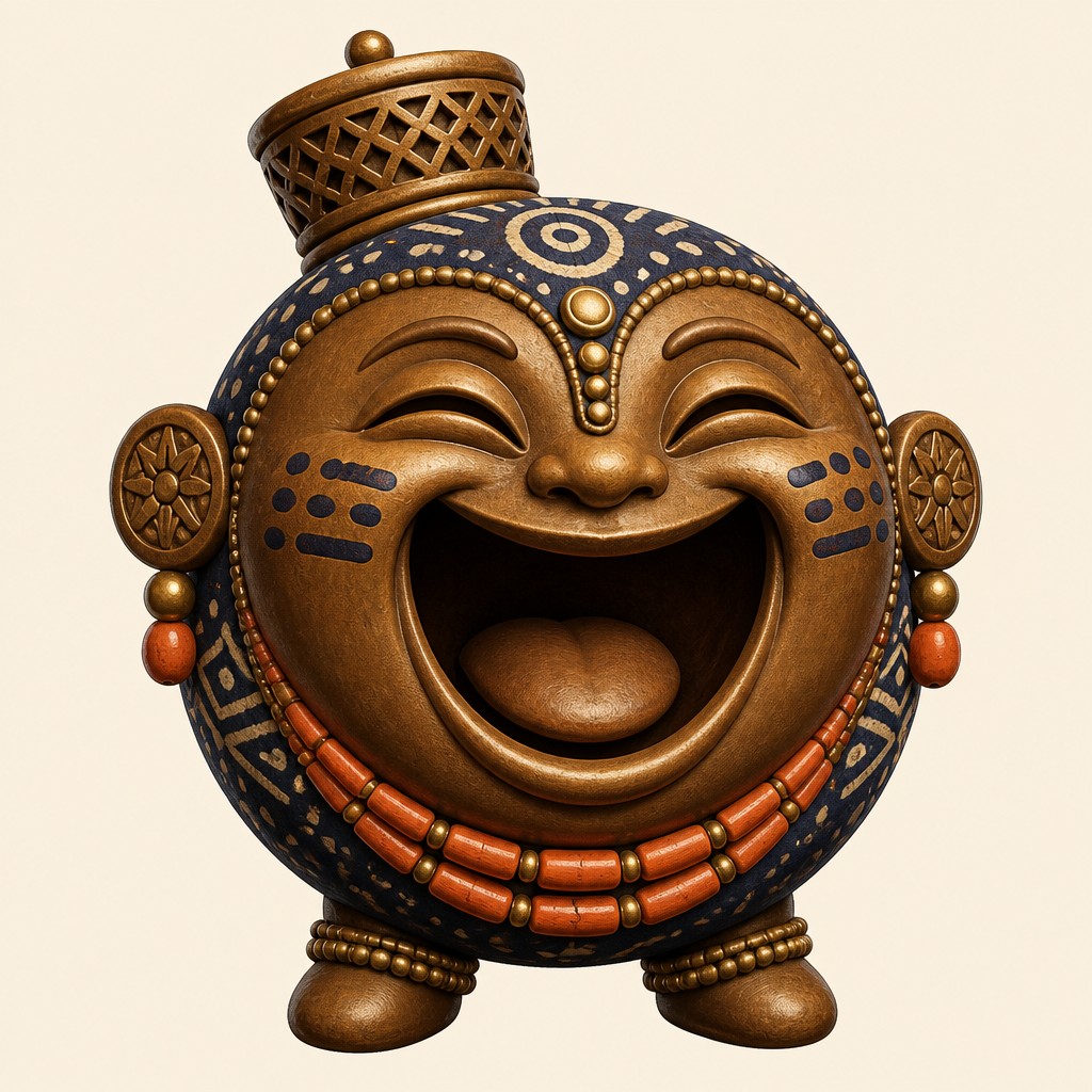 an exaggerated laughing face of an original round mascot character, bold and readable at small size, plain background, no text