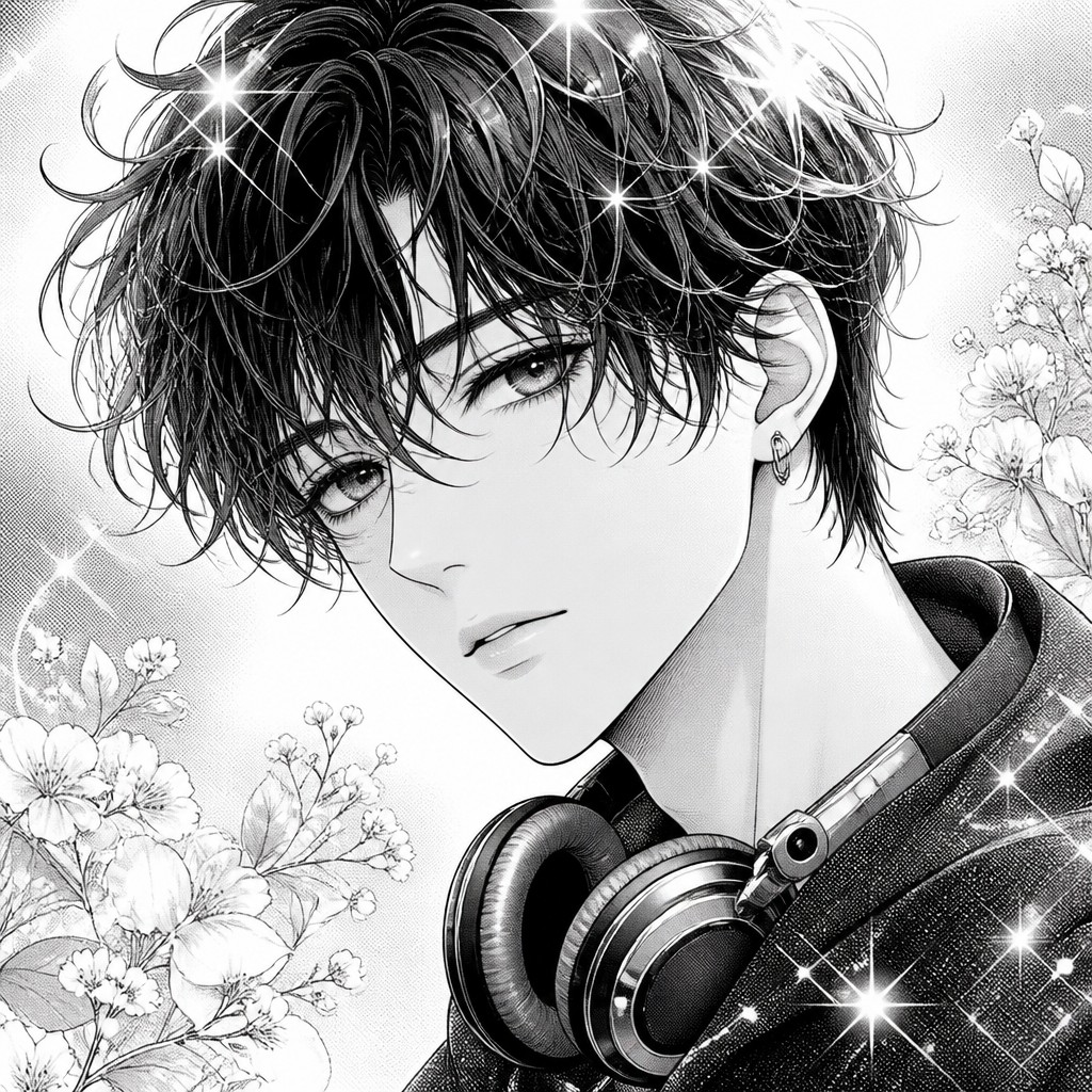 head-and-shoulders portrait of an original character: a young man with curly dark hair and headphones around his neck, plain backdrop, no text