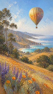 a hot air balloon drifting over rolling flower fields on a sunny day, cheerful, no text