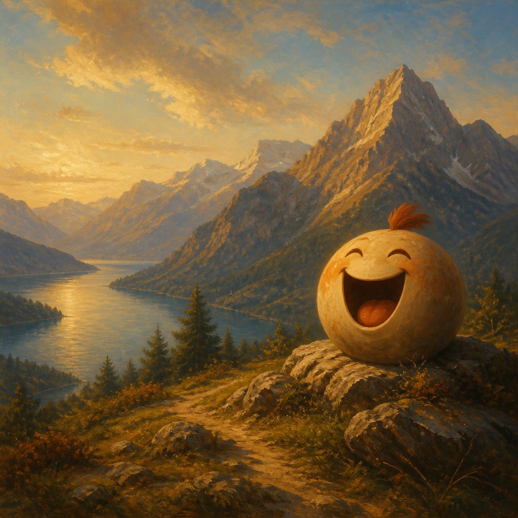 an exaggerated laughing face of an original round mascot character, bold and readable at small size, plain background, no text