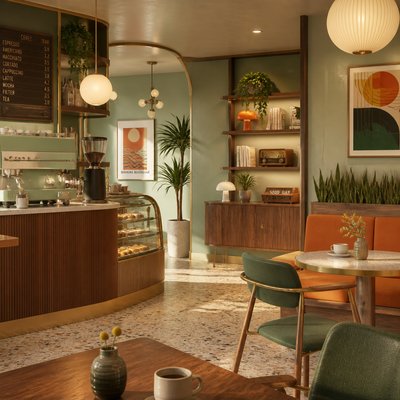 cozy cafe interior with warm lighting