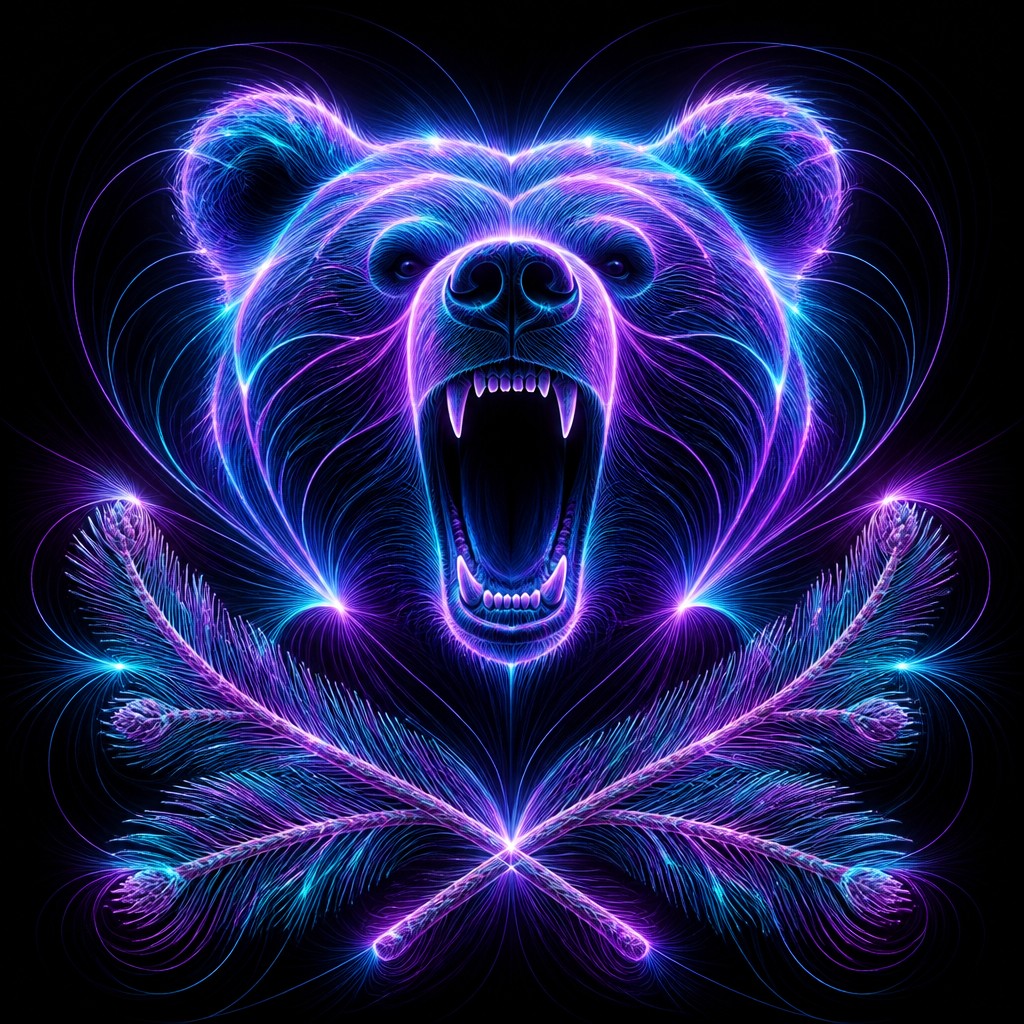 a roaring bear head above crossed pine branches, bold graphic composition on a plain background, no text