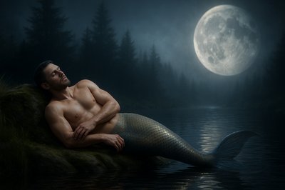 a man sitting on a rock with a mermaid tail