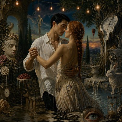 an original couple dancing under string lights in a garden at dusk: a man with short black hair in a linen shirt and a woman with braided red hair in a summer dress