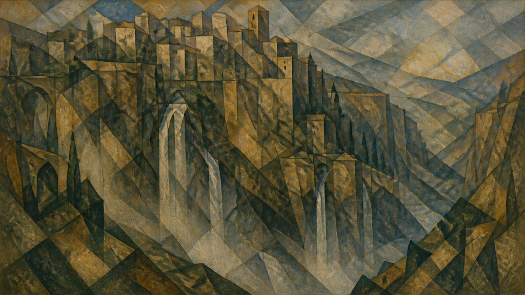 a cliffside city with waterfalls cascading into a misty canyon, wide establishing shot, no people, no text