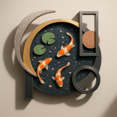 A koi pond seen from above, orange and white koi fish swimming among lily pads, clear water with subtle ripples, fallen cherry blossom petals floating on the surface, dappled sunlight