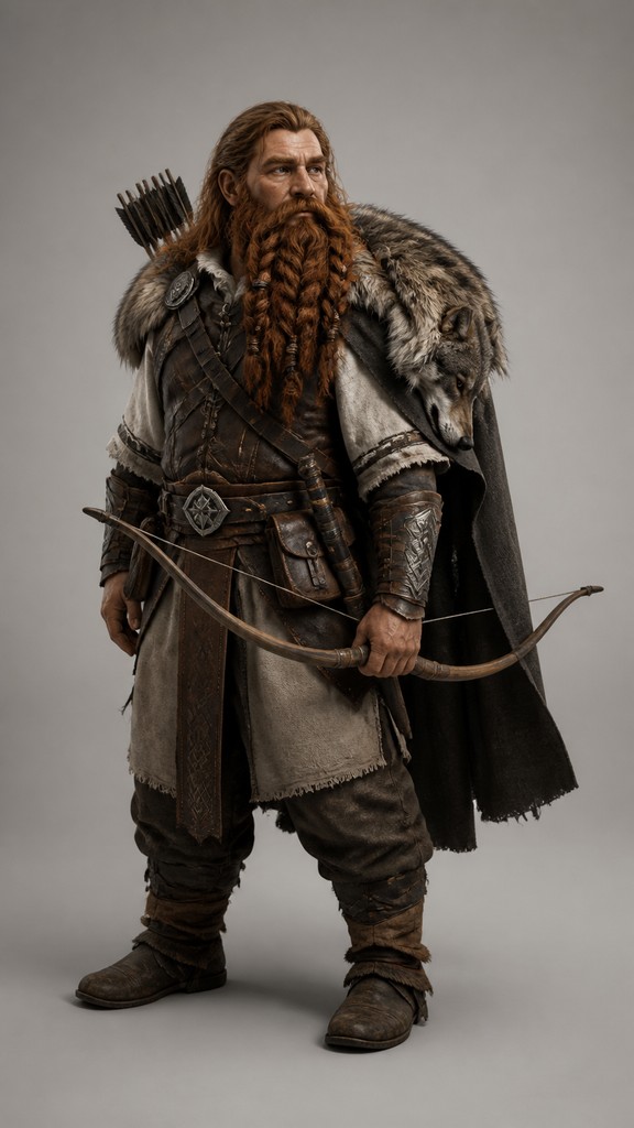 full-body original character: a dwarven ranger with a braided auburn beard, worn leather armor, a longbow and a wolf-pelt cloak, neutral background, no text