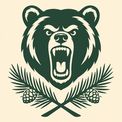 a roaring bear head above crossed pine branches, bold graphic composition on a plain background, no text