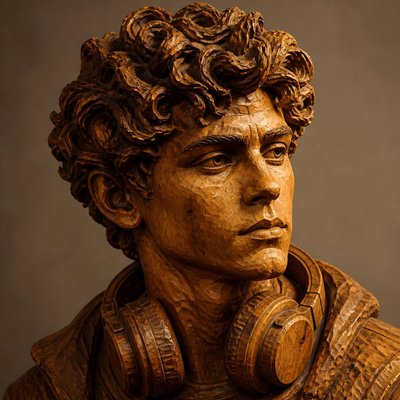 head-and-shoulders portrait of an original character: a young man with curly dark hair and headphones around his neck, plain backdrop, no text