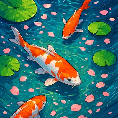 A koi pond seen from above, orange and white koi fish swimming among lily pads, clear water with subtle ripples, fallen cherry blossom petals floating on the surface, dappled sunlight