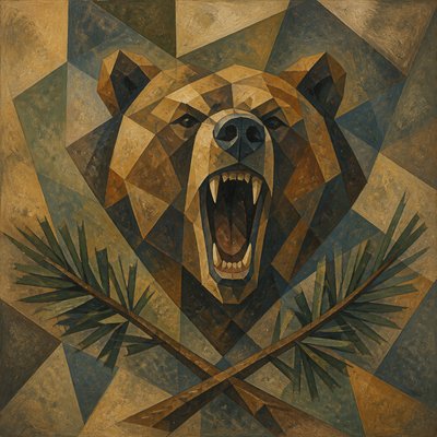 a roaring bear head above crossed pine branches, bold graphic composition on a plain background, no text