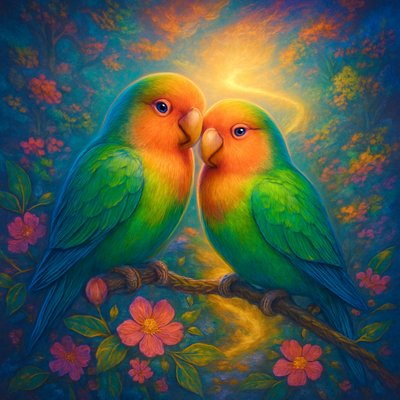 Digital Art Style, Romanticism Art Style, a profoundly joyful and beautifully vibrant painting inspired by Psalm 16:11, "You make known to me the path of life; you will fill me with joy in your presence, with eternal pleasures at your right hand." The scene features a pair of exquisitely detailed Peach-faced Lovebirds, with their iconic bright peach faces, vivid green bodies, and touches of blue on their rumps. They are perched affectionately close together on a blossoming branch, their expressions conveying deep contentment and joy. Behind them, a softly glowing, ethereal 'path' of light winds gently through a lush, vibrant, and abundant natural landscape, illuminated by a warm, radiant, divine light that bathes the entire scene. The environment is rich with blooming flowers and verdant foliage, suggesting a place of eternal pleasure and divine presence. Focus intently on the vibrant, luminous colors of the Lovebirds, their tender, joyful interaction, and the glowing, symbolic 'path of life' that permeates the harmonious and blissful atmosphere