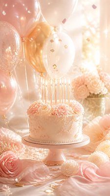 a birthday cake with lit candles surrounded by balloons and confetti, festive vertical composition, no text