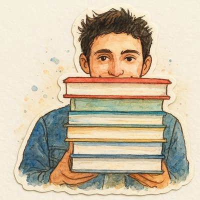 a drawing of a man holding a stack of books