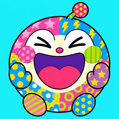 an exaggerated laughing face of an original round mascot character, bold and readable at small size, plain background, no text