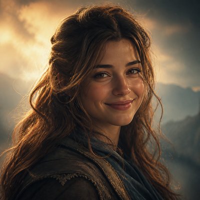 head-and-shoulders portrait of an original character: a young woman with wavy chestnut hair and a warm smile, plain soft backdrop