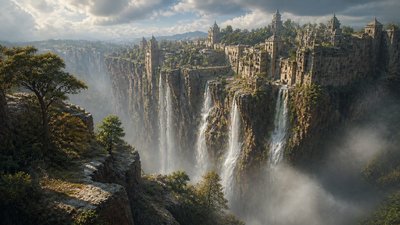 a cliffside city with waterfalls cascading into a misty canyon, wide establishing shot, no people, no text
