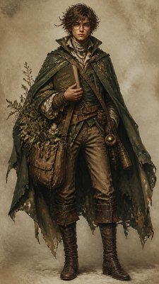 full-body original character: a wandering botanist with a satchel of plants, a patched green cloak, tall boots and round glasses, neutral background