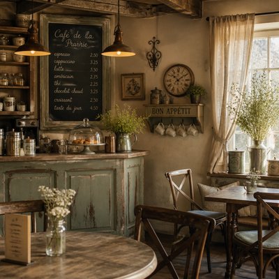 cozy cafe interior with warm lighting
