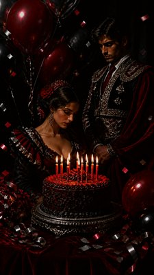 a birthday cake with lit candles surrounded by balloons and confetti, festive vertical composition, no text