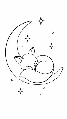 a sleeping baby fox curled on a crescent moon among soft stars, gentle and warm, no text