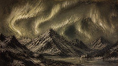 a flowing aurora over snowy peaks, wide sweeping composition, no people, no text