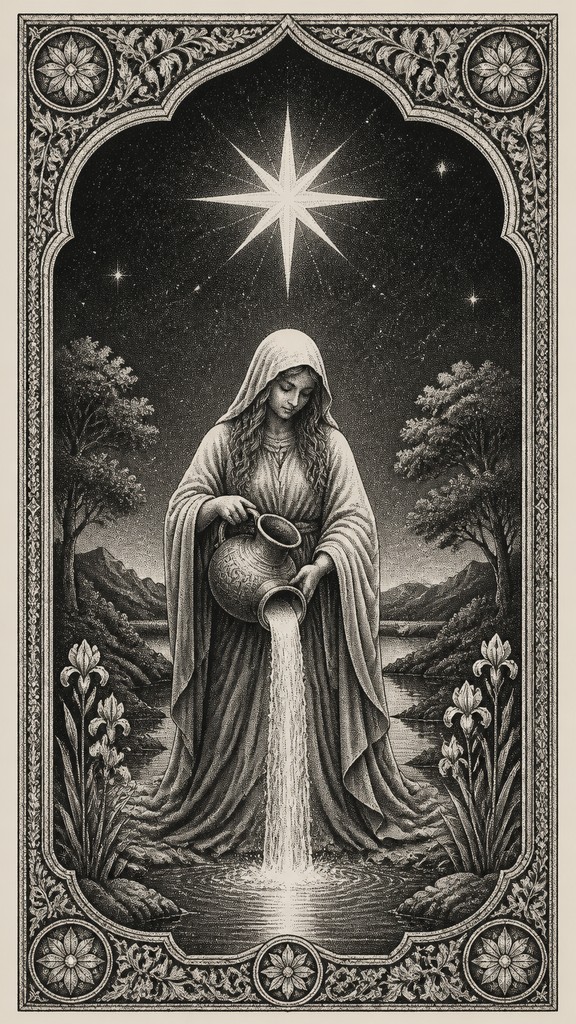 a robed figure pouring water beneath a large eight-pointed star in a night sky, symmetrical composition with an ornate decorative border, no text