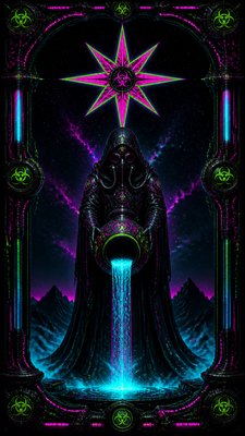 a robed figure pouring water beneath a large eight-pointed star in a night sky, symmetrical composition with an ornate decorative border, no text