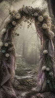 an arch of white roses and eucalyptus in soft morning light, elegant vertical composition with open space, no text