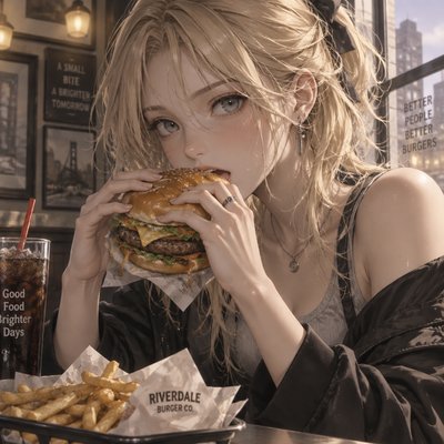 a girl with grey eyes and blonde hair eating hamburger