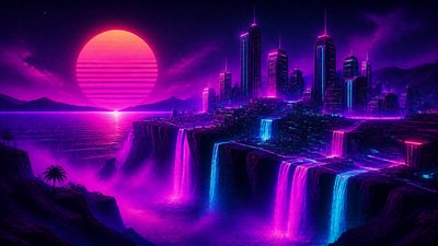 a cliffside city with waterfalls cascading into a misty canyon, wide establishing shot, no people, no text