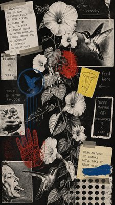 a climbing vine of flowers and hummingbirds on a dark background, tall wrapping composition, no text
