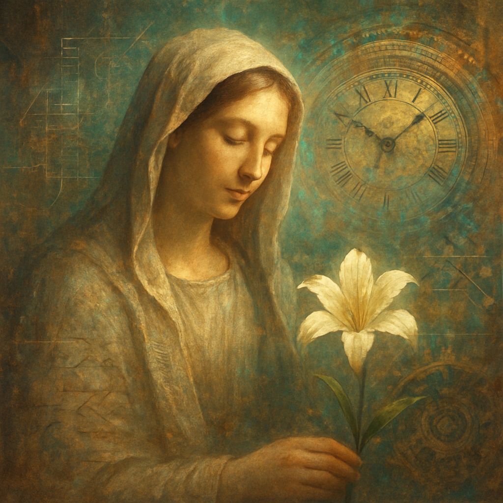 Create an image inspired by the sentiment of 1 Peter 3:3-4, with an emphasis on elements of gentleness and tranquility. The art should evoke a deeply respectful and devotional tone towards Christianity. Although the style should be digital, no text or words should be used in the image. Instead, use symbolism and visual cues to express the essence of the scripture, creating a serene, spiritual atmosphere in the artwork.