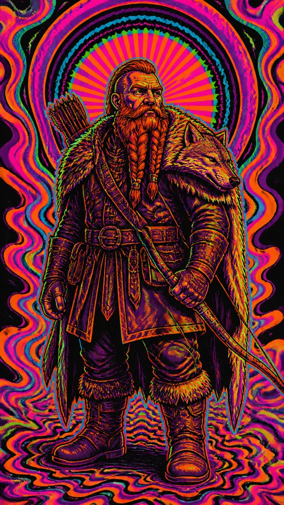 full-body original character: a dwarven ranger with a braided auburn beard, worn leather armor, a longbow and a wolf-pelt cloak, neutral background, no text