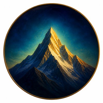 an emblem of a mountain peak inside a circle, simple bold shapes on a plain background, no text or lettering