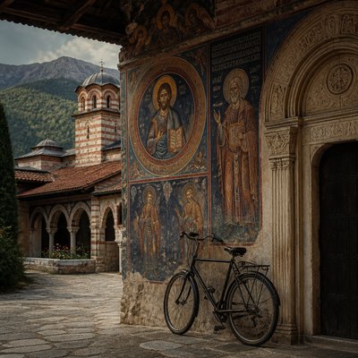 bicyle resting against a wall