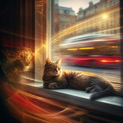 a cat lounging in a sunlit window