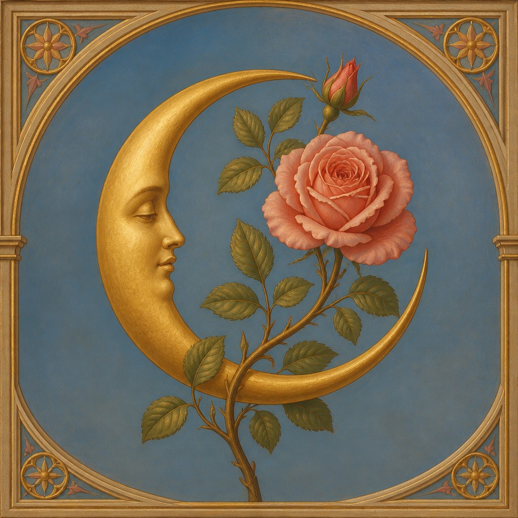 a rose entwined with a crescent moon, clean balanced composition on a plain background, no text