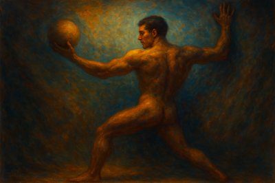 a painting of a man holding a ball