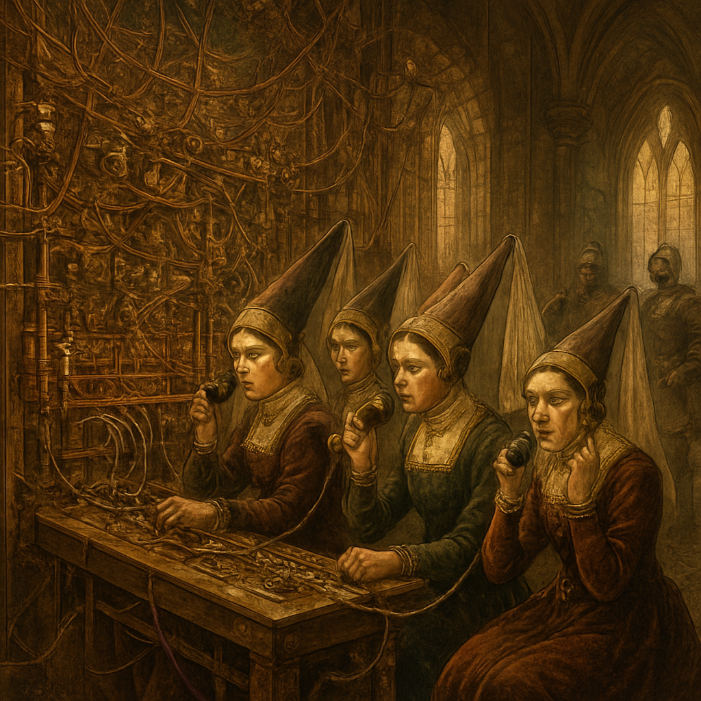 Steampunk Historical Fantasy, Satirical Illustration Style, Cinematic Lighting. A bizarre, anachronistic scene inside a drafty medieval castle great hall (Camelot). A group of noblewomen, dressed in elaborate 6th-century velvet gowns, wimples, and tall pointed hennin hats with veils, are seated on rough wooden stools. They are furiously working a massive, makeshift telephone switchboard operator station.
The Technology: The switchboard is constructed from rough-hewn oak timbers, gleaming brass gears, porcelain insulators, and hundreds of thick, chaotic copper wires that are strung haphazardly across ancient tapestries and stone walls, disappearing out narrow arrow-slit windows.
The Action: The ladies hold bulky, antique Victorian-era earpieces and large brass mouthpieces, plugging heavy cables with oversized jacks into the board with expressions of intense concentration and mild confusion. Knights in armor walk past in the background, looking bewildered. Sunlight streams through gothic windows, illuminating the dust and the clash of eras.